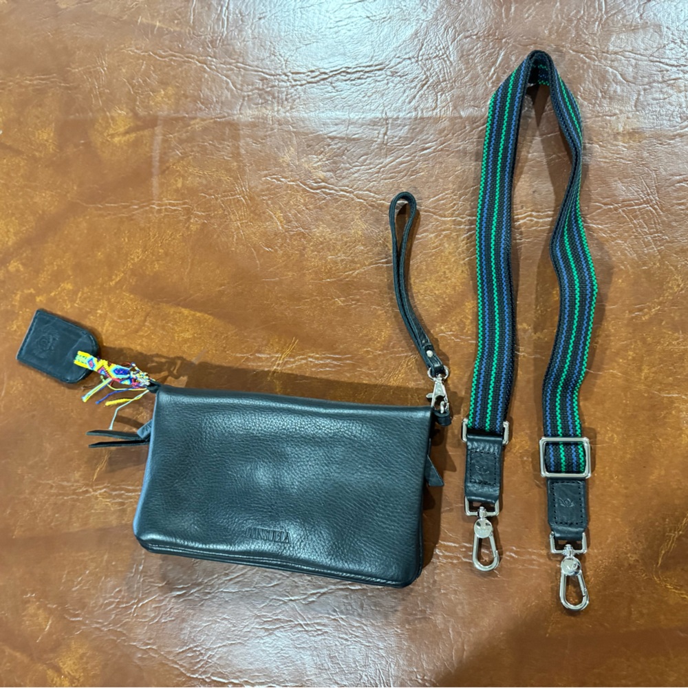 Consuela Black Leather Clutch with Colorful Strap